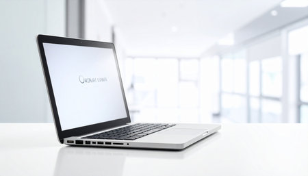 A sleek, modern laptop sits open on a pristine white desk, ready for the day's tasks.の素材