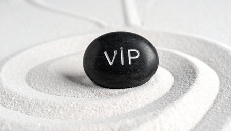 A smooth, black stone marked 'VIP' rests at the center of a tranquil Zen garden. The pristine white sand, raked into perfect circles, emphasizes the stone's exclusivity and importance.の素材