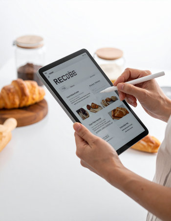 A home baker uses a modern tablet and stylus to find the perfect croissant recipe online.の素材