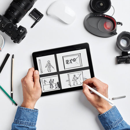 From a top-down perspective, a creative director sketches out the key scenes of a film's storyboard on a digital tablet.の素材