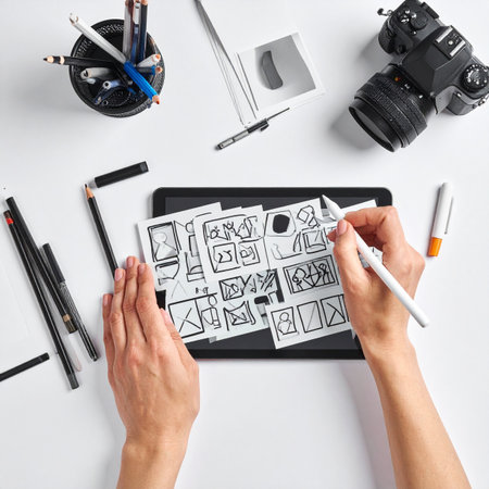 From a top-down perspective, a designer meticulously sketches out storyboard thumbnails, bringing a new idea to life one frame at a time.の素材