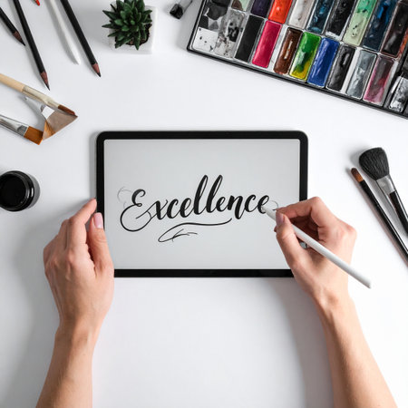 From a clean, organized workspace, a digital artist meticulously crafts the word 'Excellence' on a tablet.の素材