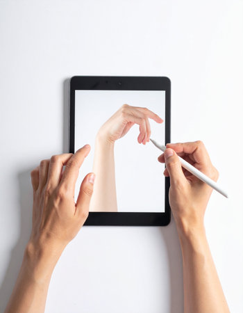 From a top-down perspective, a digital artist meticulously sketches a human hand on a tablet screen using a stylus.の素材