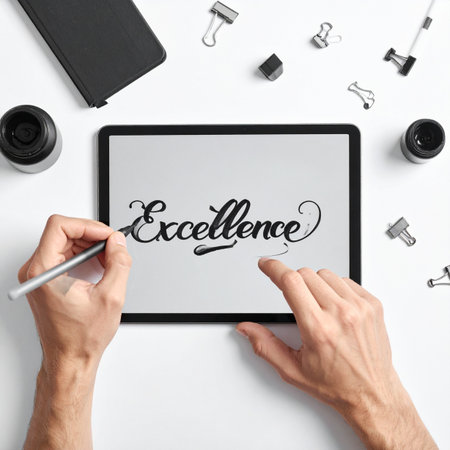 From a minimalist top-down perspective, a graphic designer's hands meticulously craft the word 'Excellence' on a digital tablet.の素材