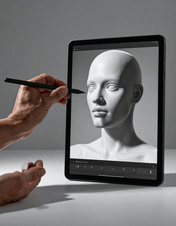 A digital artist's hands meticulously craft a classical-style human head using a stylus on a modern tablet.の素材
