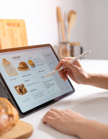 A person uses a digital tablet and stylus to conveniently order fresh groceries online from the comfort of their modern kitchen.の素材