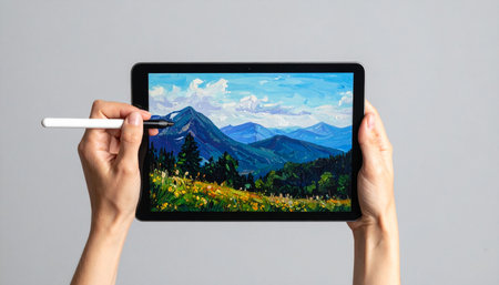 An artist's hands bring a vibrant mountain scene to life on a digital tablet. Using a stylus, they paint a colorful landscape, blending modern technology with the timeless beauty of nature.の素材