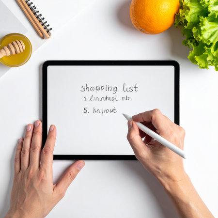 A person uses a modern tablet and stylus to create a digital shopping list, surrounded by fresh ingredients like an orange, lettuce, and honey.の素材