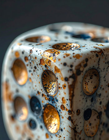 A macro photograph captures the intricate, unique details of a custom-crafted gaming die. Flecks of gold and dark ink are suspended in a cosmic swirl, each roll representing a unique turn of fate.の素材