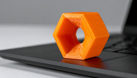 A vibrant orange hexagonal nut, freshly created by a 3D printer, sits on a laptop keyboard.の素材