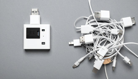 A visual metaphor for modern simplification. On one side, the frustrating chaos of tangled chargers and cables represents a common technological problem.の素材
