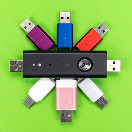 A central black USB hub acts as the core of a digital ecosystem, with a vibrant array of colorful flash drives plugged in, symbolizing the convergence of multiple data streams, ideas, and information.の素材