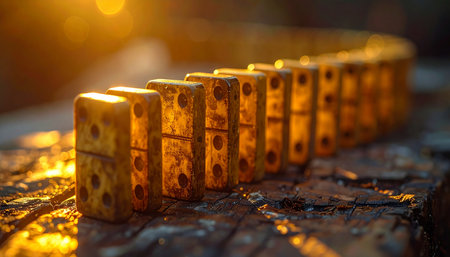 A line of golden, translucent dominoes stands ready on a rustic surface, illuminated by the warm glow of a setting sun.の素材