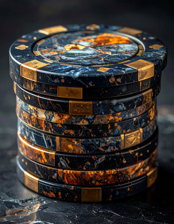 A stack of ornate, custom-designed poker chips sits on a dark table, their gold accents glinting under dramatic light.の素材