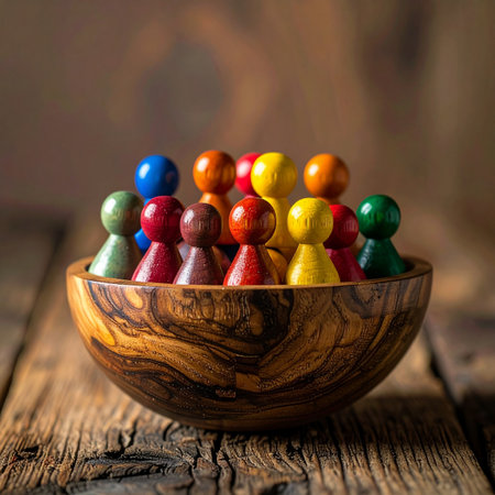 A diverse collection of colorful game pawns gathers closely within a rustic olive wood bowl, symbolizing concepts of community, teamwork, and unity in diversity.の素材