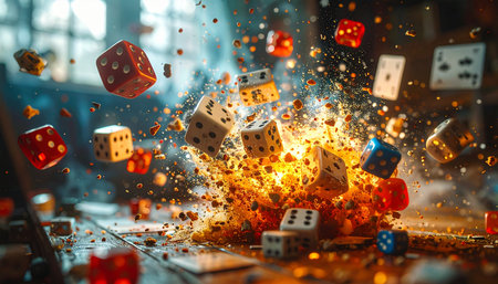The final roll of the dice determines everything. In a flash of fire and energy, the game explodes, sending dice and cards flying.の素材