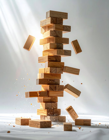 In a dramatic burst of motion, a once-stable tower of wooden blocks collapses under pressure. Beams of light illuminate the chaotic scene, highlighting the critical moment of failure.の素材
