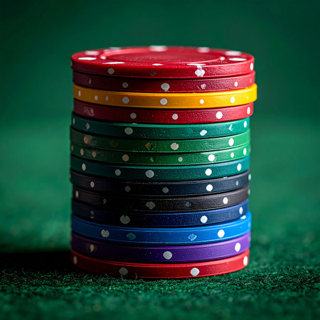 A vibrant stack of poker chips sits ready on the green felt, representing a high-stakes bet.の素材