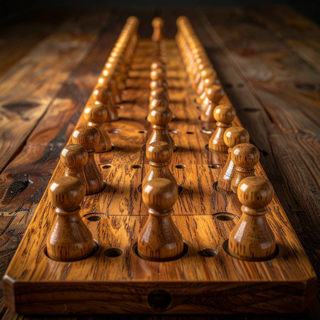 Lines of polished wooden pawns stand ready on a handcrafted game board, bathed in warm, dramatic light. The stage is set for a timeless battle of wits, a quiet contest of strategy and foresight.の素材