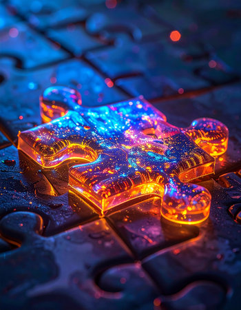 A single, luminous puzzle piece glows with vibrant digital energy, resting on a dark, wet surface.の素材