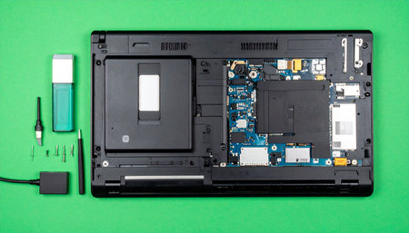 A top-down view of a laptop laid open on a green workbench, with repair tools neatly arranged beside it.の素材