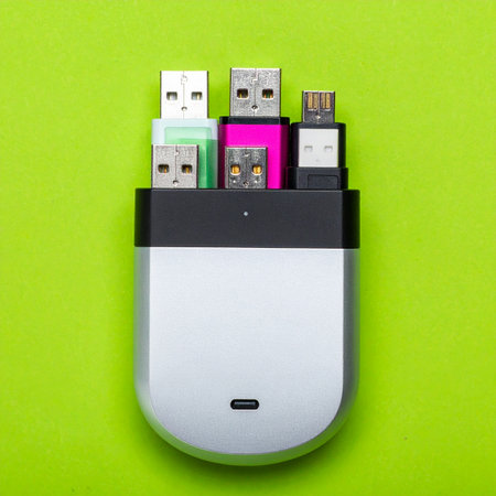 A central USB-C hub is packed to capacity with a diverse family of flash drives, symbolizing the constant flow and potential overload of digital information in a modern, connected world.の素材
