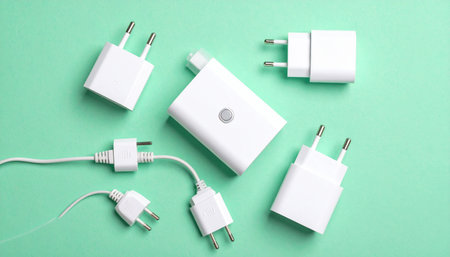 An assortment of essential white chargers, plugs, and a power bank are laid out on a vibrant green background, symbolizing the constant need to stay connected and powered up in our modern, technology.の素材
