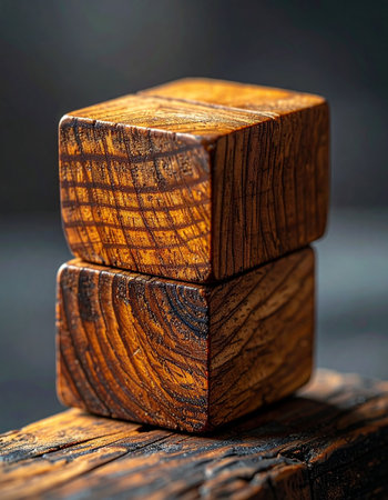 Two perfectly balanced wooden cubes showcase the intricate beauty of natural wood grain.の素材