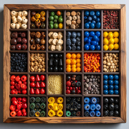 A meticulously organized wooden tray displays a vibrant palette of beads, each compartment a treasure trove of color and texture.の素材