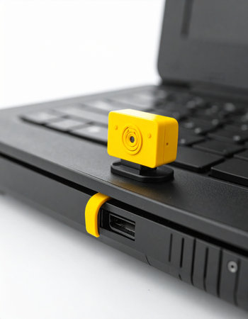 In an era of constant connection, a tiny, unassuming yellow webcam perches on a laptop, a stark reminder of potential digital threats.の素材