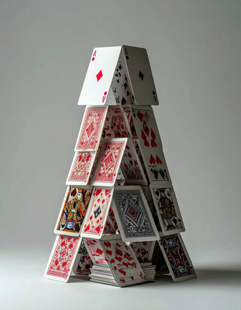 A meticulously constructed tower of playing cards stands precariously, a powerful metaphor for risk, fragility, and the delicate balance required for success.の素材
