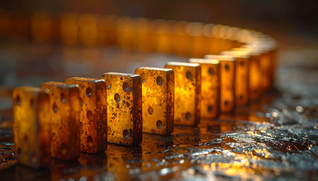 A curved line of glowing amber dominoes stands poised on a reflective surface, radiating a warm, internal light.の素材