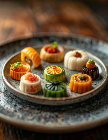 A stunning assortment of modern, gourmet mooncakes elegantly arranged on a rustic ceramic plate.の素材