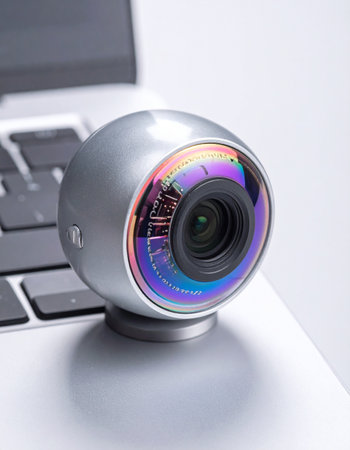 A close-up of a modern, spherical webcam with a vibrant iridescent lens, perched on a sleek laptop.の素材