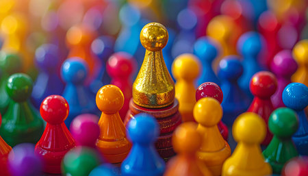 A single golden pawn rises above a diverse and colorful crowd, symbolizing leadership, success, and the power of individuality.の素材