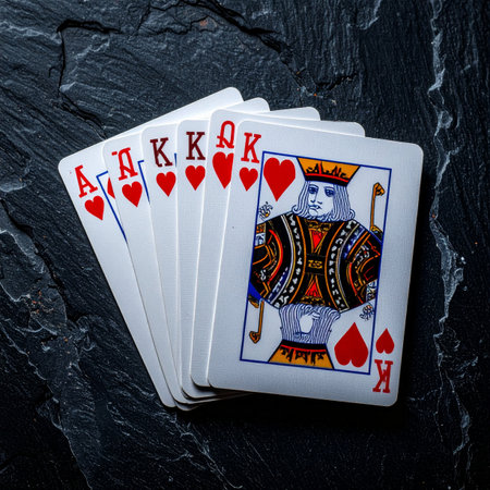 A powerful full house, featuring kings and aces of hearts, lies on a dark slate table.の素材