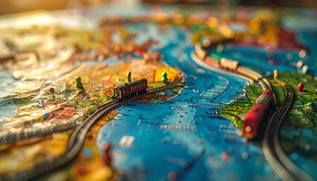 A miniature train embarks on a strategic journey across a vibrant, artistic world map.の素材