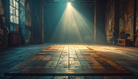 In a quiet, dusty theater, a solitary beam of light shines down on the worn wooden floorboards.の素材