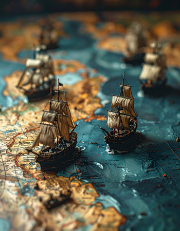 A fleet of miniature historic ships charts a course across a vintage world map, evoking the spirit of the Age of Discovery.の素材