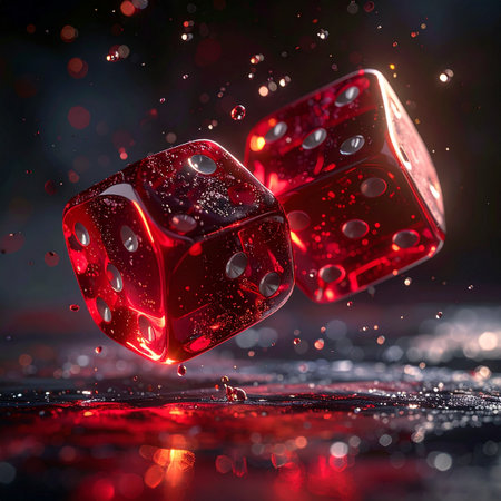 Two vibrant red dice are frozen in a dramatic mid-air tumble, splashing into a dark, reflective surface.の素材