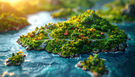A miniature, idyllic island floats in a tranquil sea, bathed in the warm, golden light of a rising sun.の素材