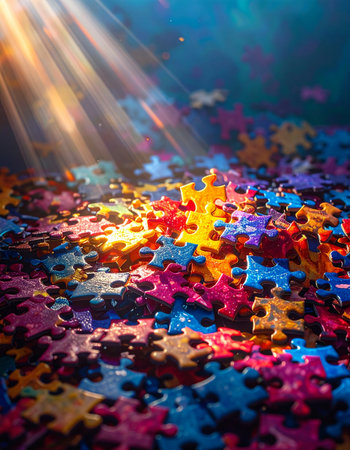 Amidst a sea of colorful, chaotic puzzle pieces, dramatic rays of light shine down, illuminating a path forward.の素材
