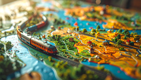 A miniature train embarks on an epic journey across a vibrant, three-dimensional world map.の素材