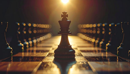 In a dramatically lit scene, a lone chess king stands tall on the board, a powerful symbol of leadership, strategy, and ultimate victory.の素材