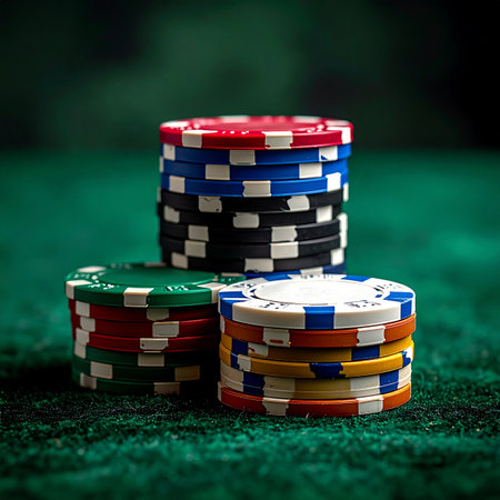 Colorful stacks of poker chips sit expectantly on the rich green felt, a silent testament to the high-stakes decisions and thrilling risks of the game.の素材