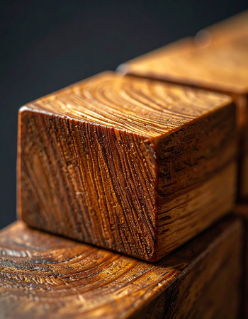 A macro photograph captures the intricate grain and rich texture of solid wooden cubes.の素材