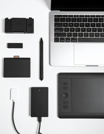 A top-down view of a modern creative's essential toolkit, meticulously arranged.の素材