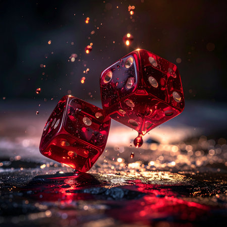 Two glowing red dice are captured in a dramatic, frozen moment, splashing onto a wet surface.の素材