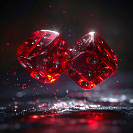 A moment of pure chance is captured as two glowing red dice are frozen in mid-air, splashing into a dark surface.の素材