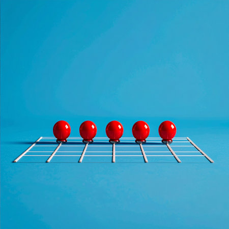 Five key points are marked with bold red pins on a strategic grid, representing a clear plan or network.の素材